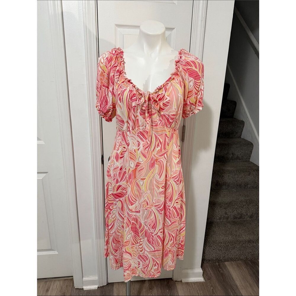 Luxology Pink Off Shoulder.Swirl Puff Sleeve Midi Dress Size Large